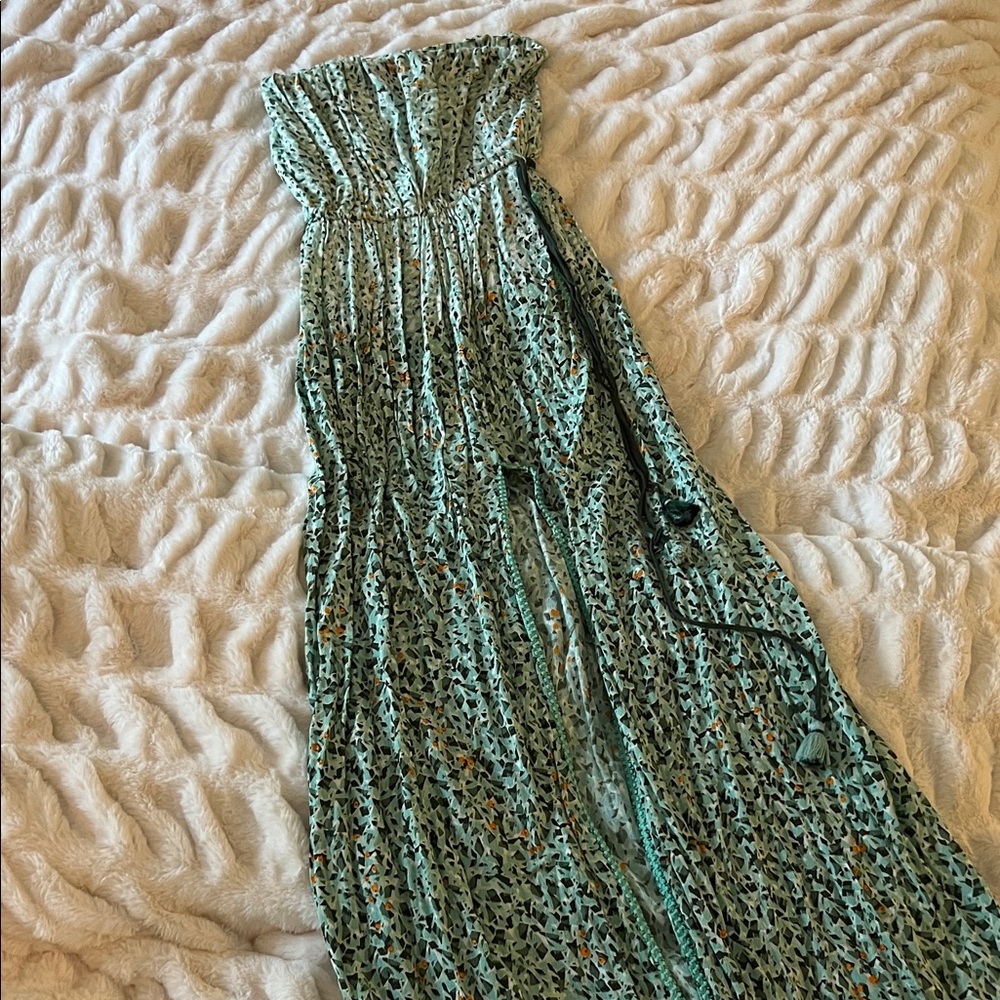 Poupette St. Barth Strapless Teal Floral Maxi Dress